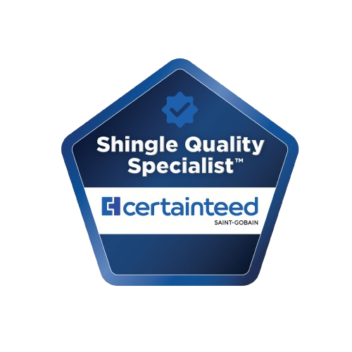 A blue shingle quality specialist sticker with a check mark on it