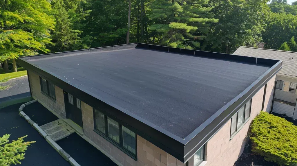 An aerial view of a building with a flat roof surrounded by trees.