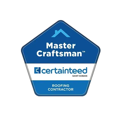 A master craftsman roofing contractor badge on a white background.