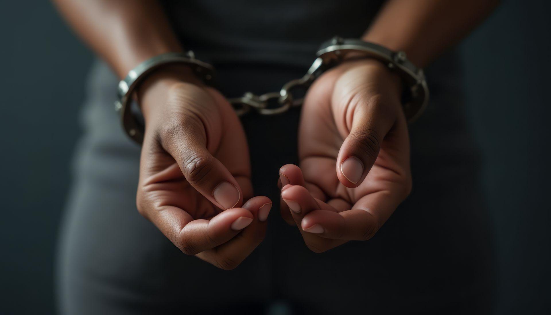 Hands in handcuffs against a gray background.