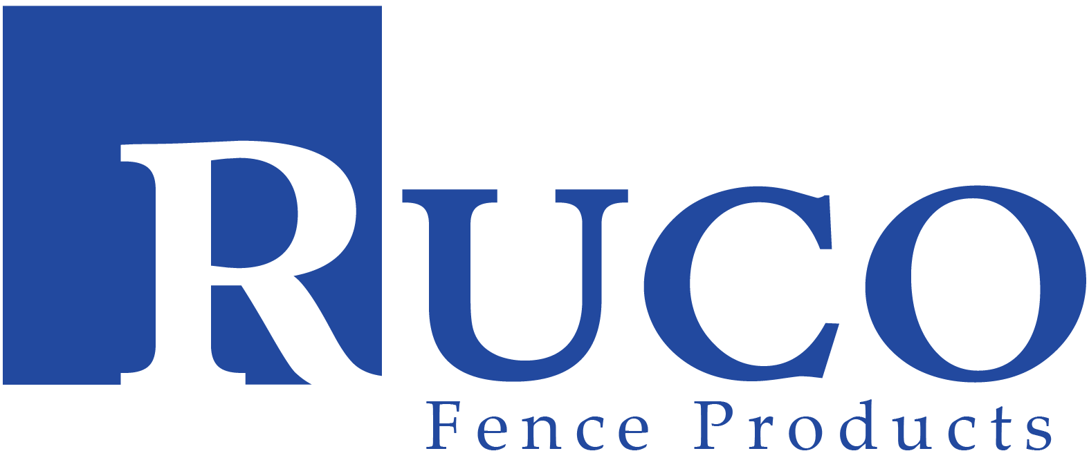 Logo for Ruco Fence Products, blue square background with white "RUCO" letters and "Fence Products" text.