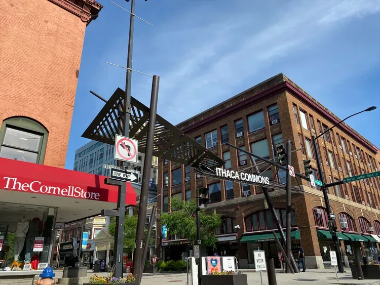 Ithaca Commons streetscape with brick buildings, awnings, signage, and decorative metal structures; sunny day.