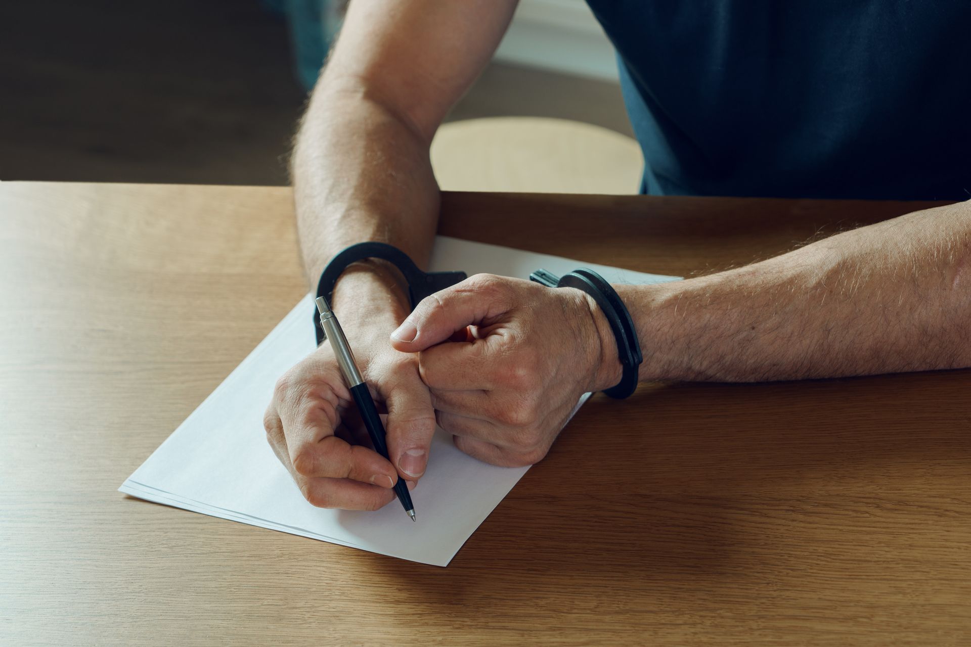 Person in handcuffs writing on a piece of paper