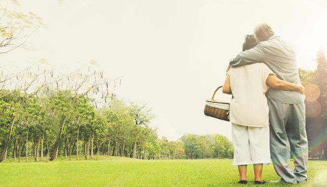 Two people embracing in a bright green park, with one holding a picnic basket and a tree-lined path nearby