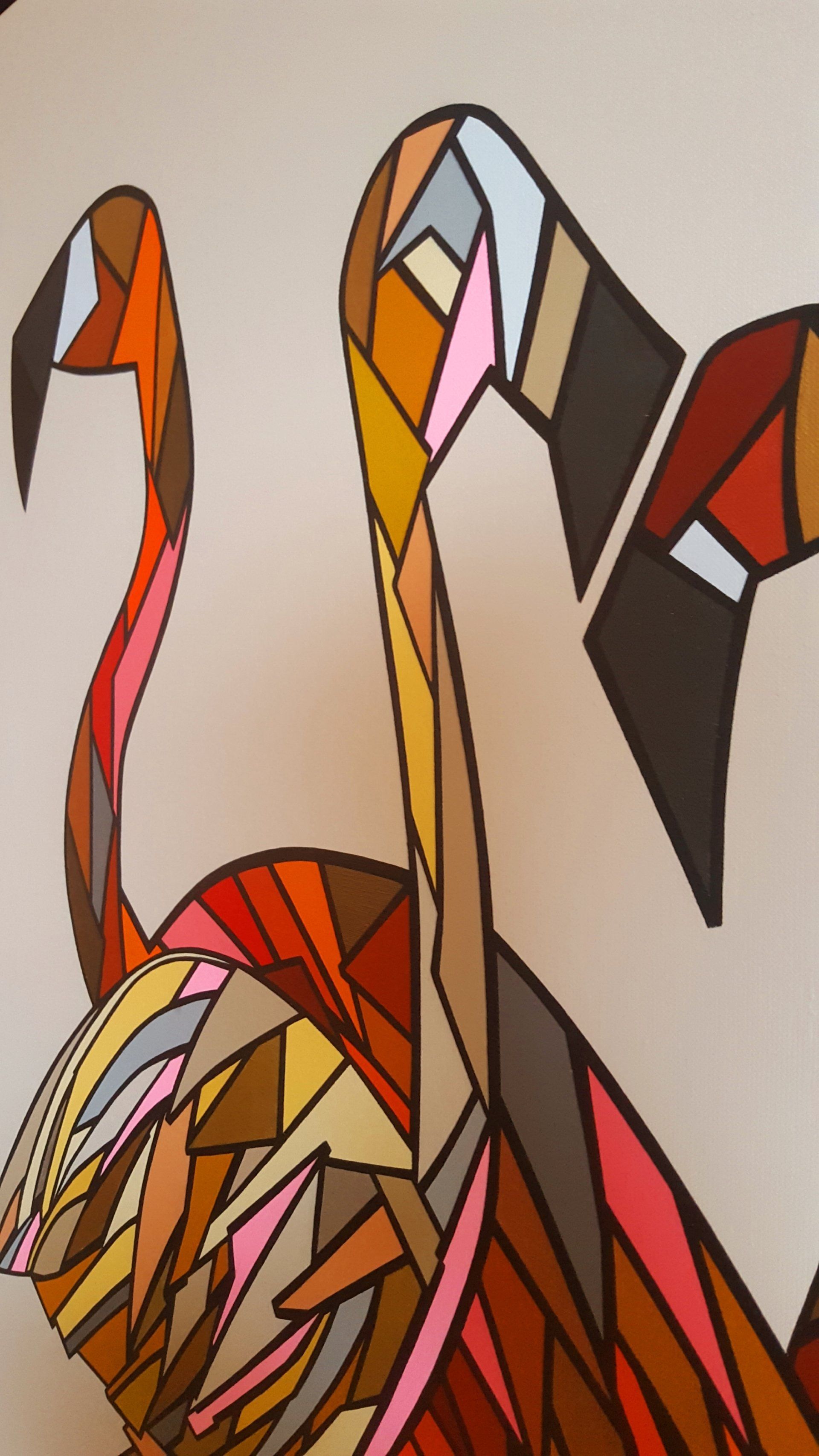 hedendaagse kunst contemporary art.  kunst contemporary art. Flamingo. Flamingos. Flamingo painting. Flamingo schilderij michael burgers. Modern paintings. Acrylic paintings. Dutch artitst. kunstenaar den haag. strakke schilderijen.