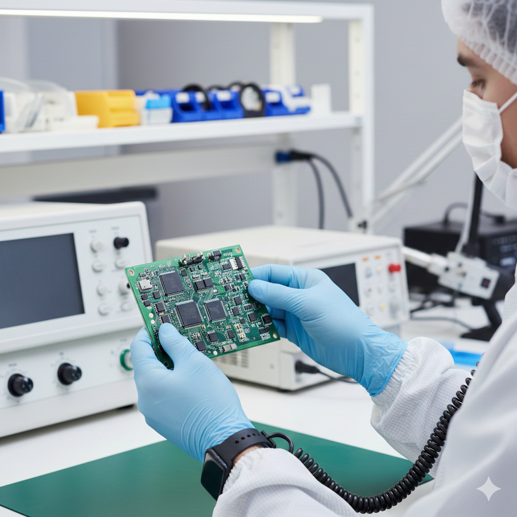Technician inspecting electronic circuit board in professional testing facility