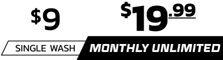 A black and white sign that says `` single wash $8 and monthly unlimited $19.99 ''
