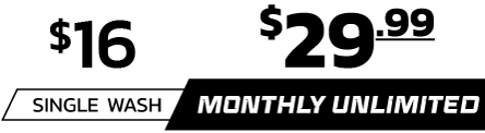 A black and white sign that says `` single wash $14 and monthly unlimited $29.99 ''