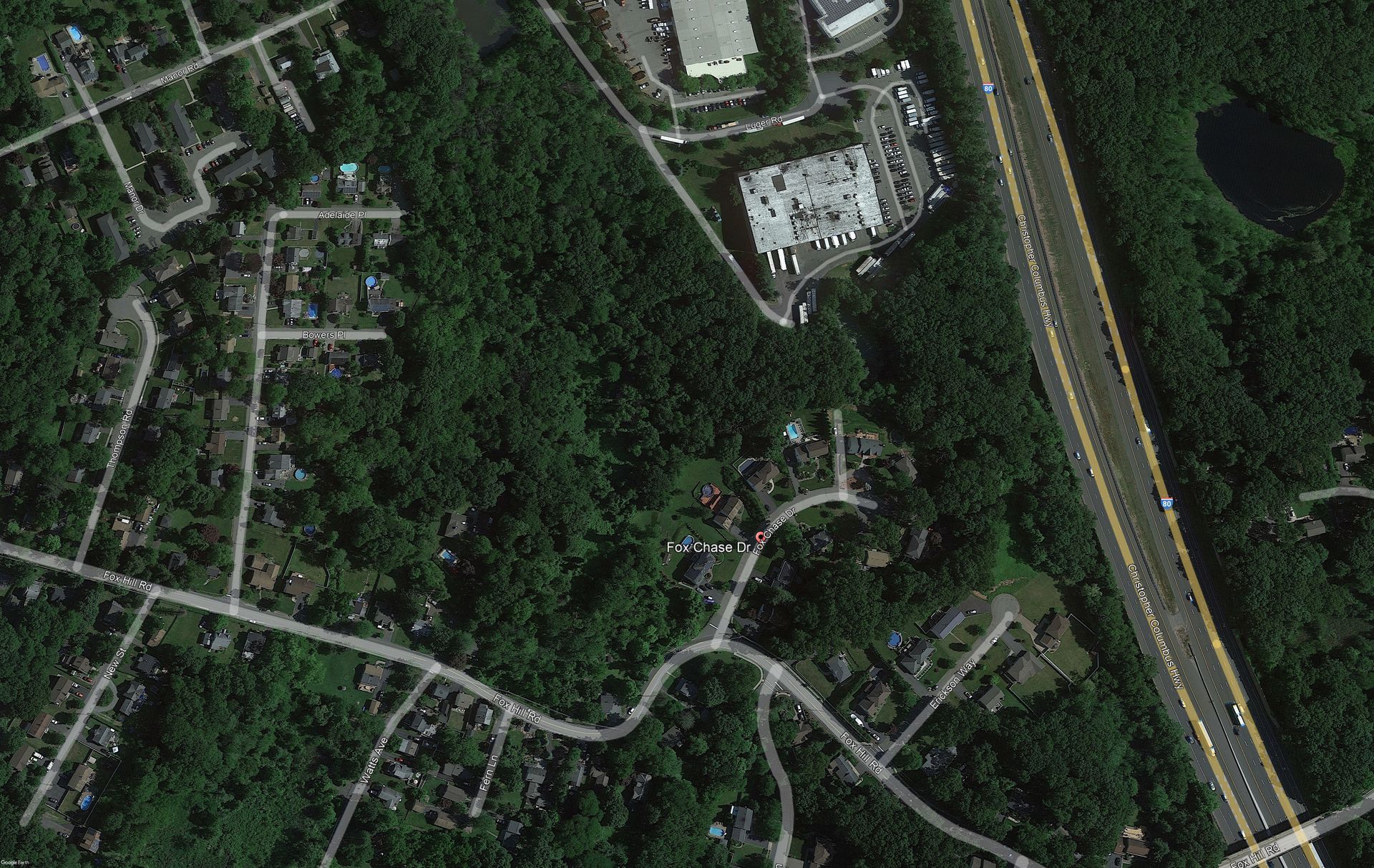 Satellite image from 2022 representing conditions before the Weiss-Aug development. Shows trees and natural scenery.