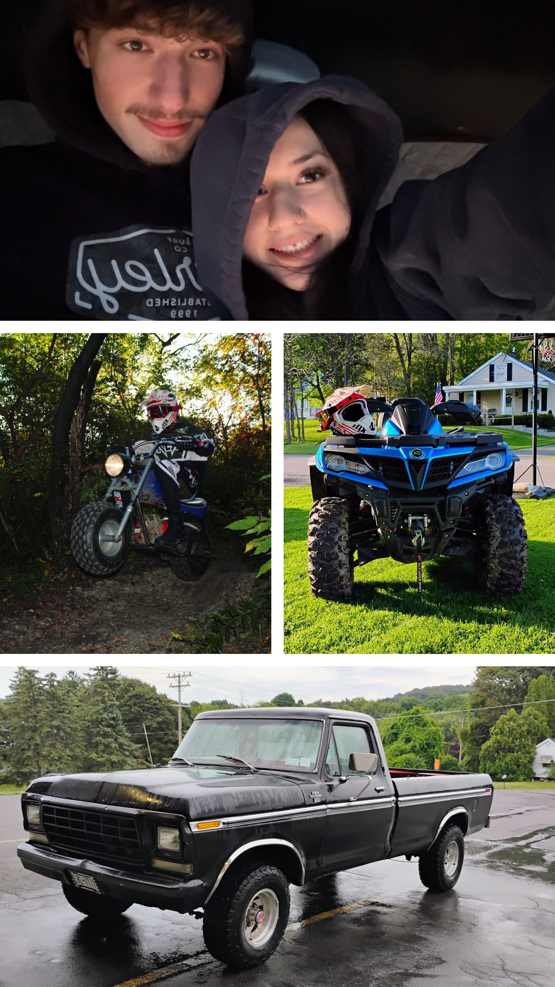 A collage showing a couple in hoodies, a person riding a dirt bike in woods, a blue ATV, and a black vintage pickup truck.