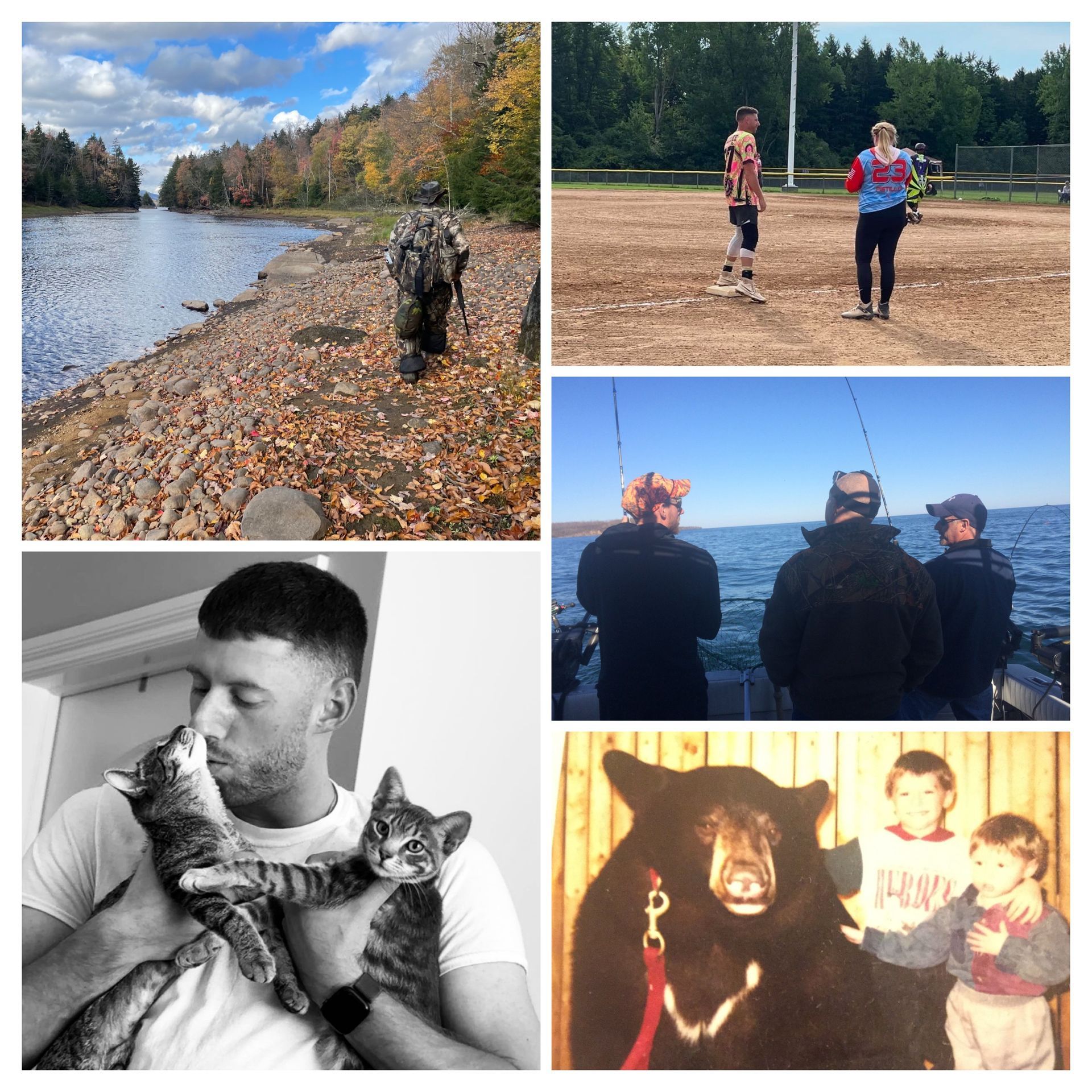 A collage showing outdoor activities, a man with two kittens, and a vintage photo of two children with a bear.