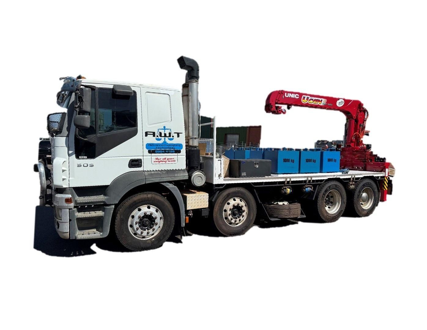 A White Truck with A Red Crane on The Back — Advanced Weighing Technology NT Pty Ltd In Winnellie, NT