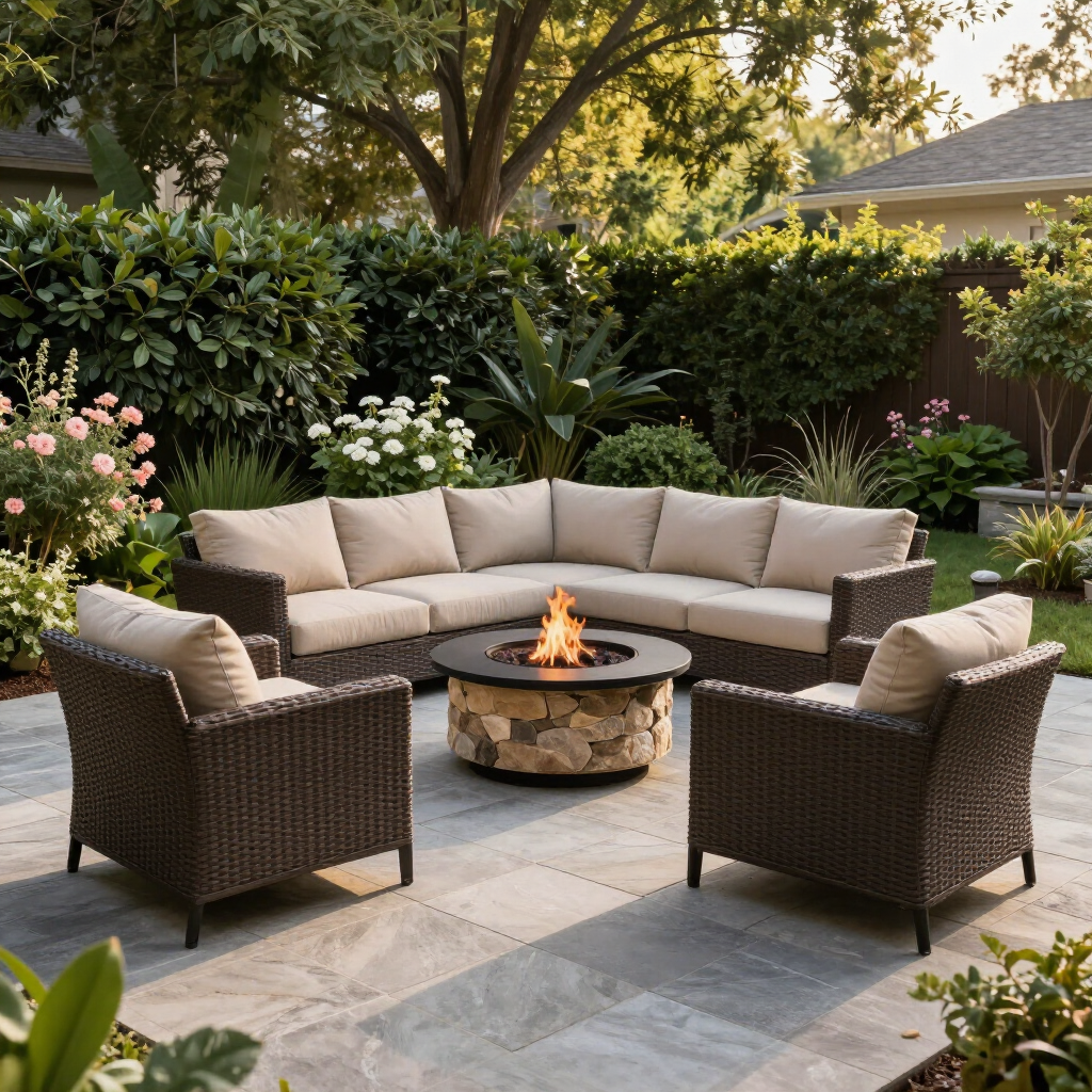 A wicker patio furniture set with beige cushions arranged around a stone fire pit on a paved backyard patio.