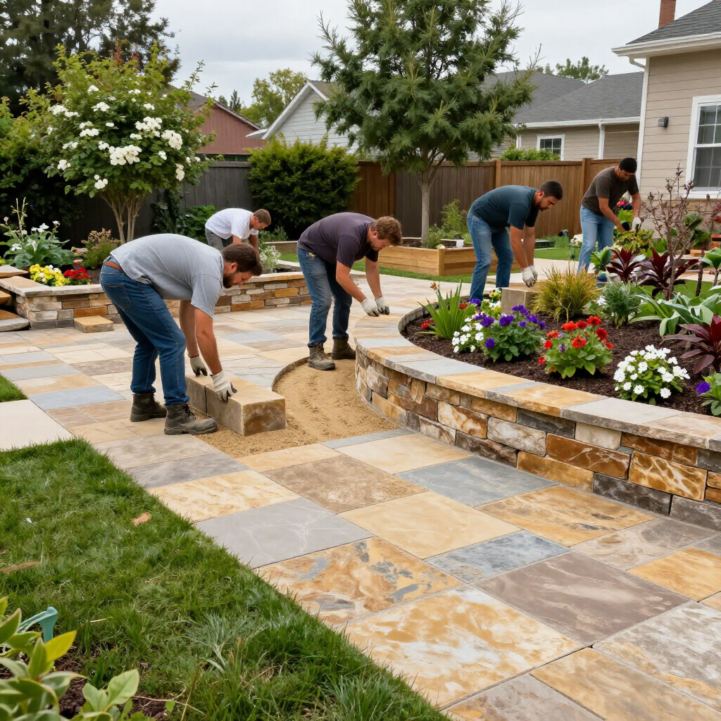 Four workers install stone pavers and a retaining wall in a landscaped backyard patio area.