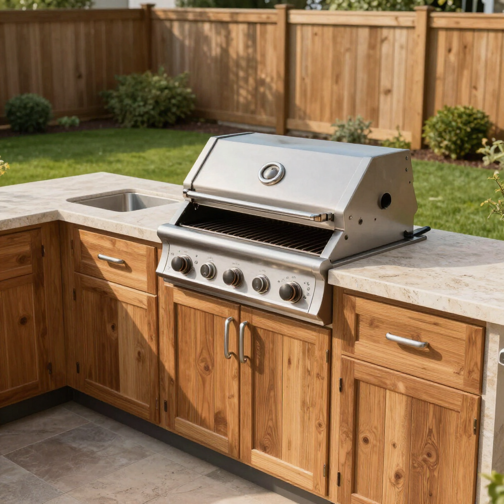 A stainless steel grill built into an L-shaped outdoor kitchen with wooden cabinets and a stone countertop on a patio.