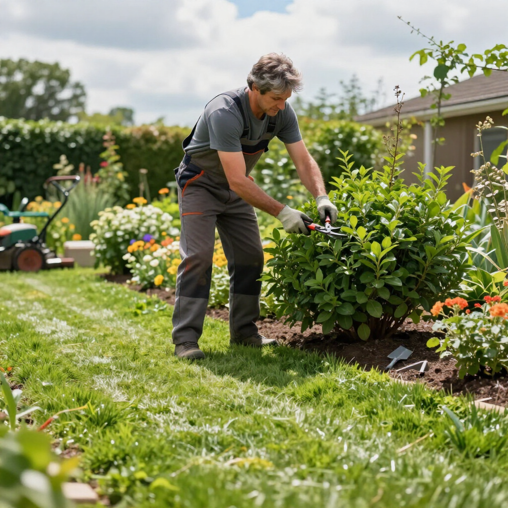 A gardener wearing work clothes prunes a green bush in a sunny, flower-filled backyard.