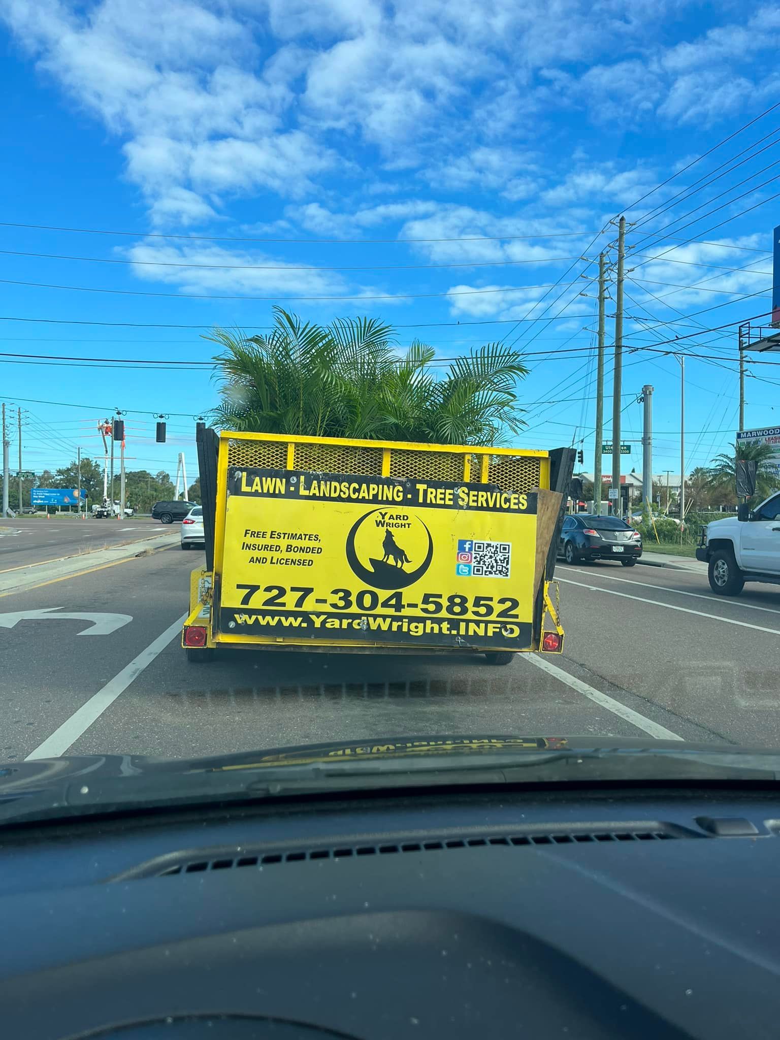 A yellow utility trailer filled with greenery, marked with phone number 727-304-5852, being towed on a sunny road.