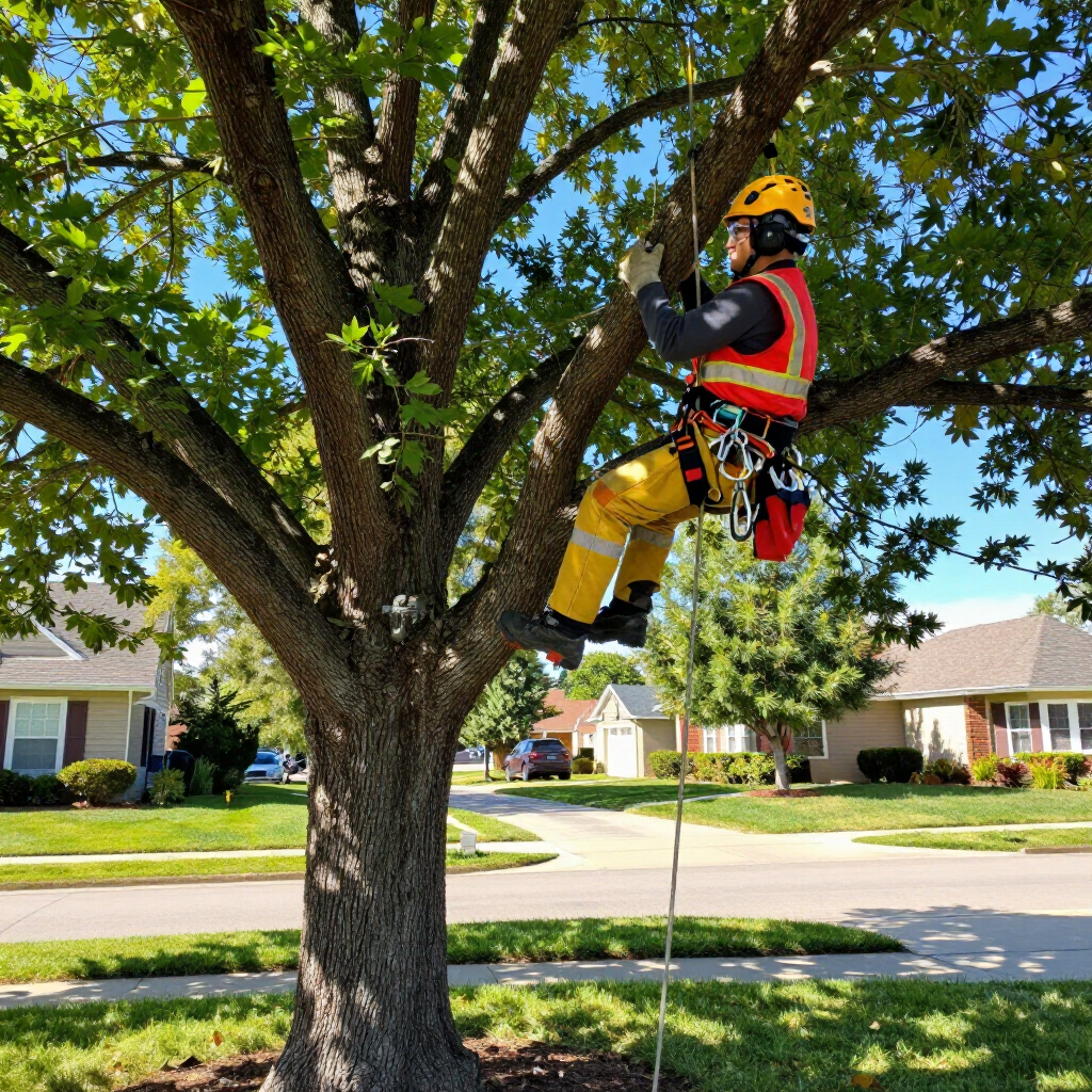 A professional tree worker in a high-visibility vest and helmet is harnessed and suspended while climbing a large tree.