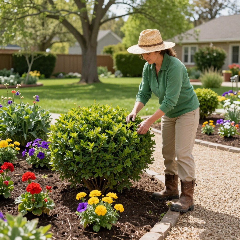 A gardener in a hat and green shirt trims a rounded green shrub in a sunny, flower-filled garden.