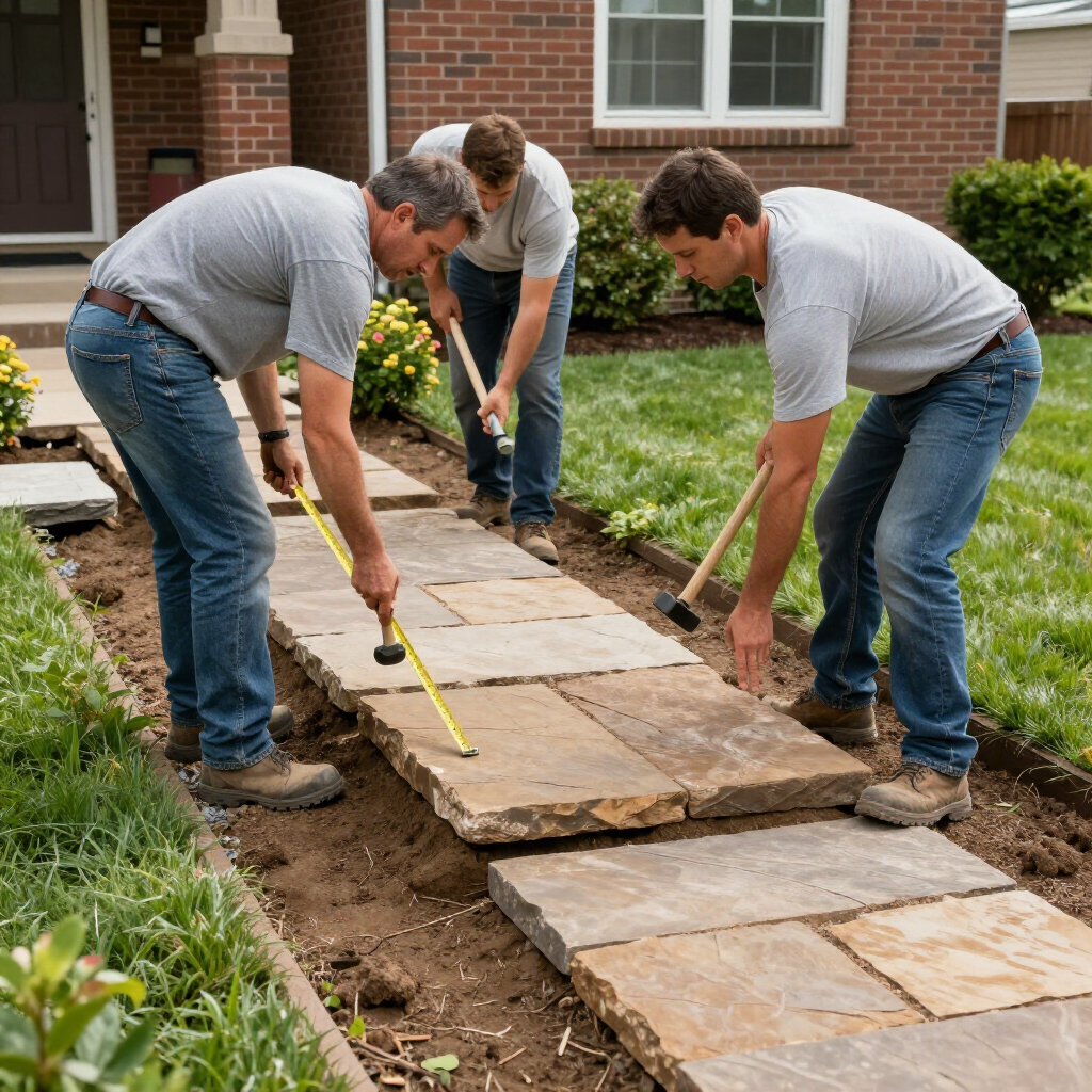 Three people in grey shirts and jeans install stone pavers in a residential garden path, using tools for measurements.