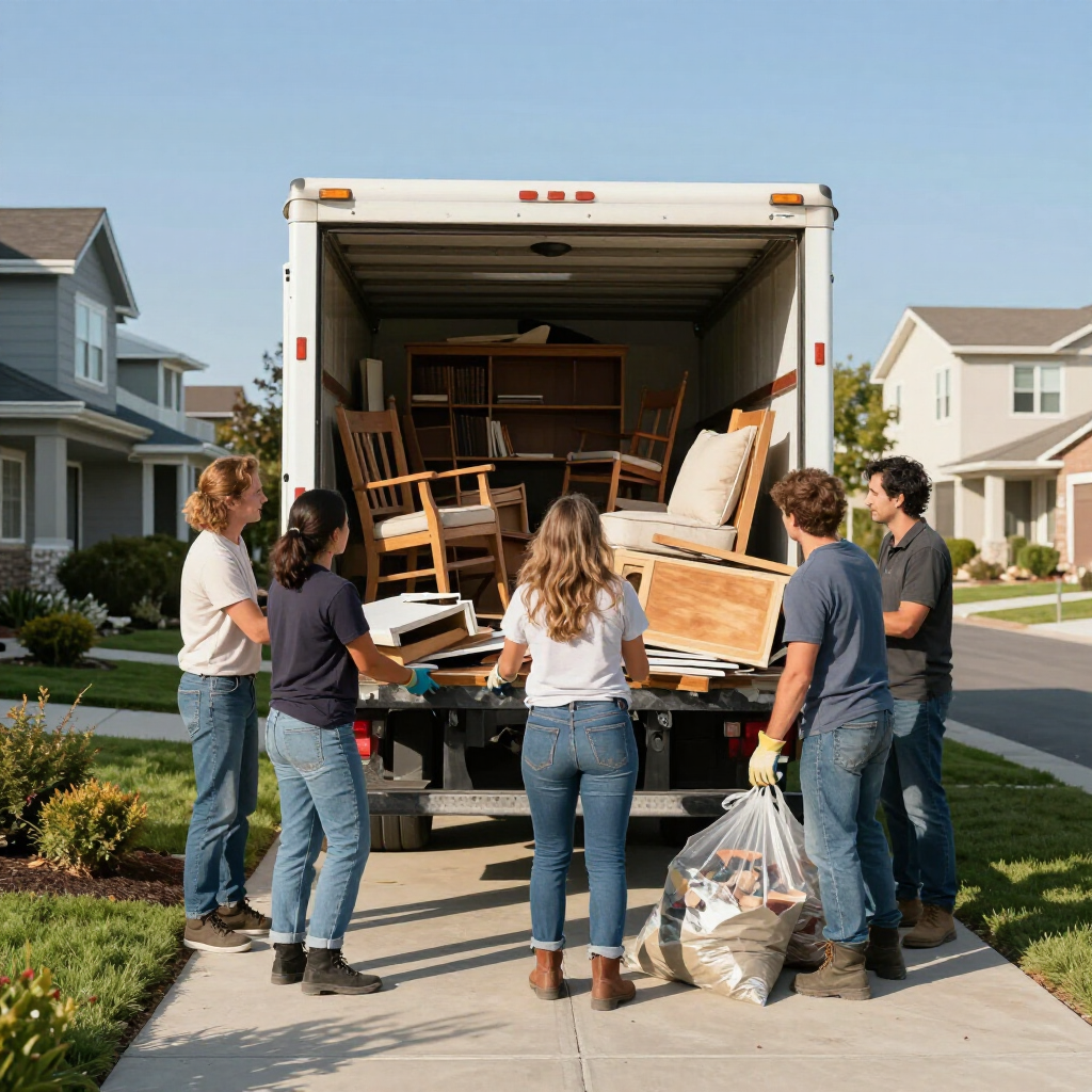 Five people load household items into a moving truck parked in a residential suburban neighborhood.
