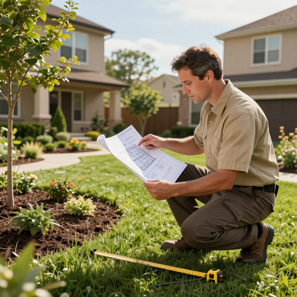 A professional in work clothes crouches on a suburban lawn, reviewing building blueprints with a tape measure nearby.