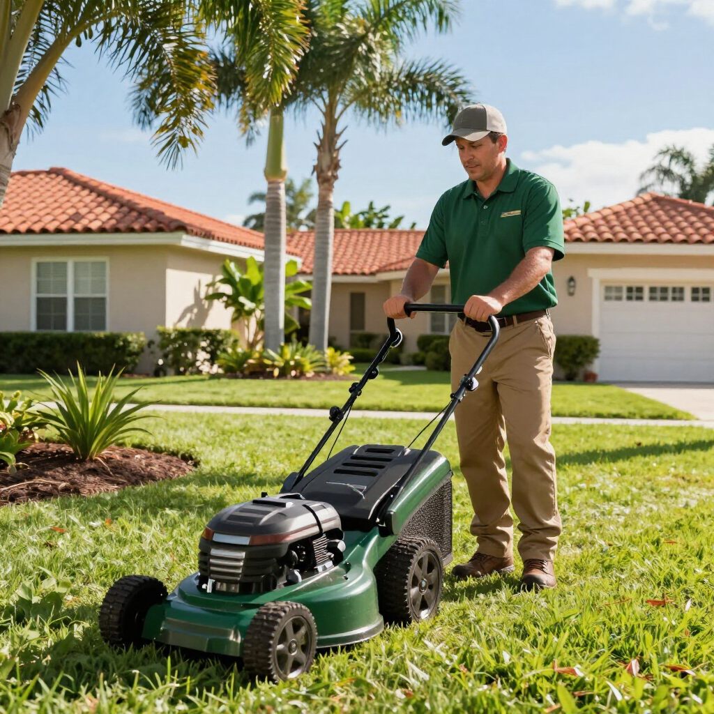 A person in a green polo shirt and khaki pants mows a sunny lawn in front of a house with a tiled roof.