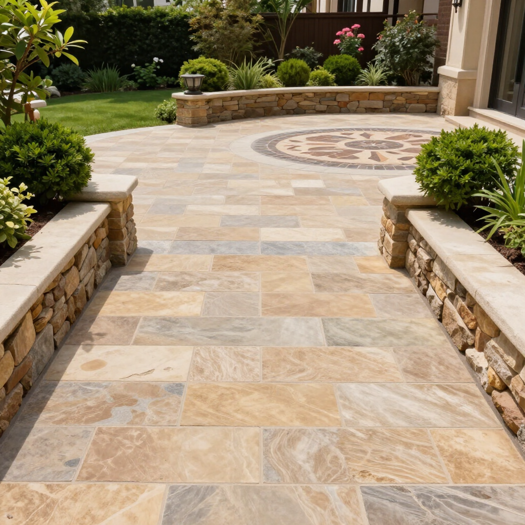 A stone patio with a decorative medallion inlay, flanked by low stone walls, potted bushes, and a landscaped backyard.