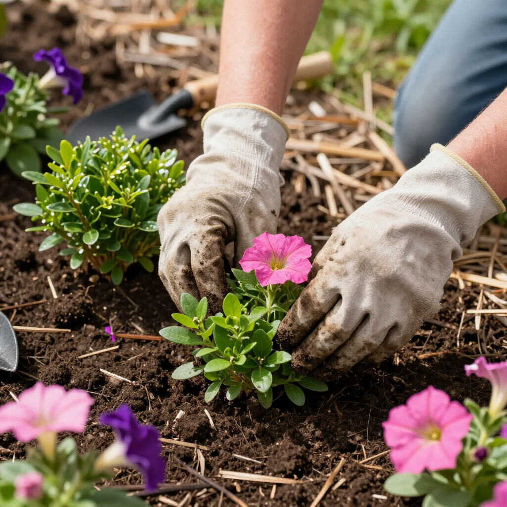 Hands in garden gloves planting a small pink petunia in dark soil with other flowers nearby.