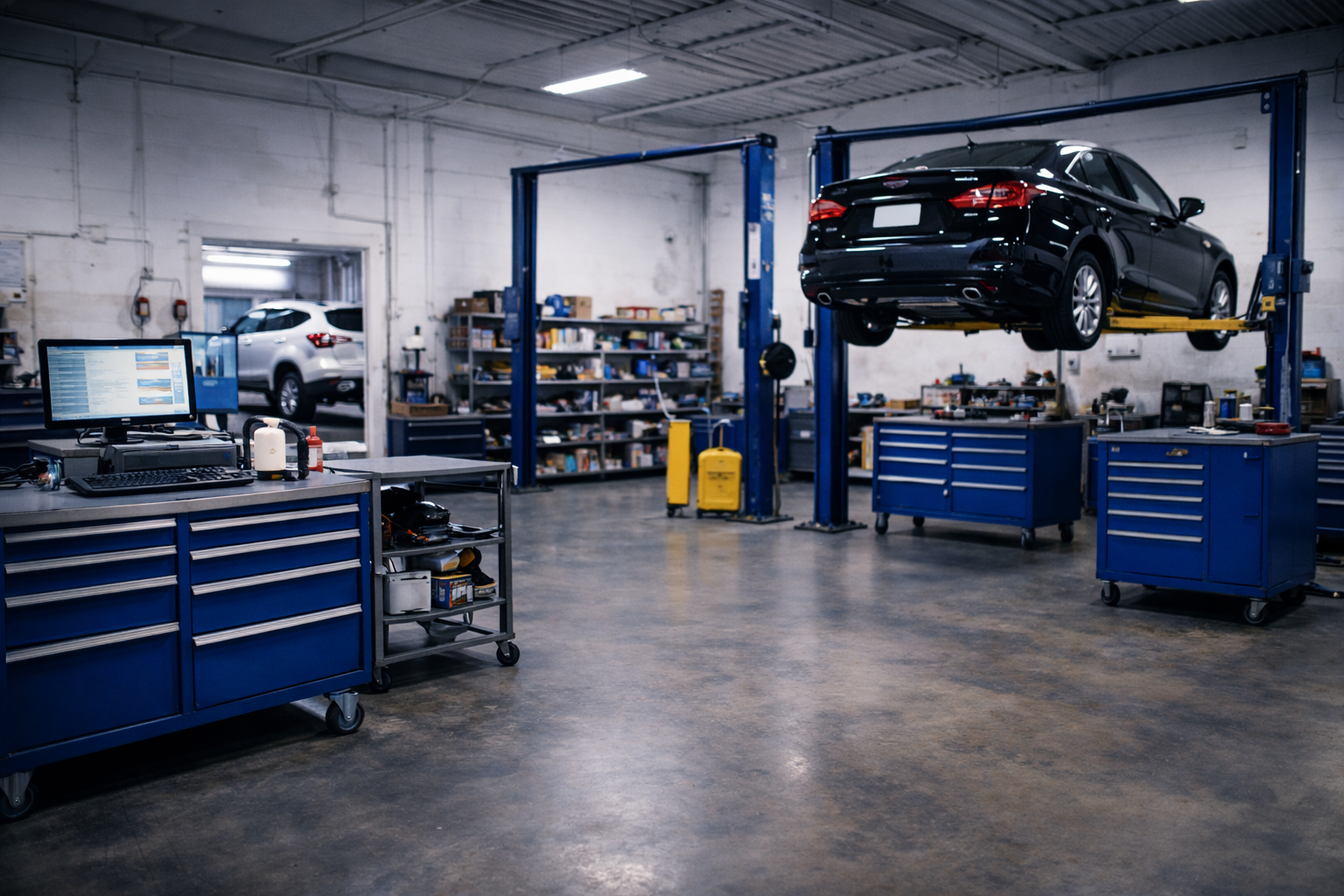 Car repair shop interior with car on lift; tools, blue cabinets, and computer visible.
