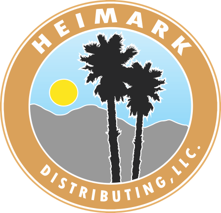 A logo for heimark distributing llc with two palm trees