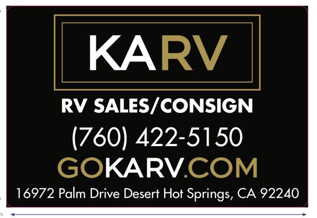 A sign that says karv rv sales / consign ( 760 ) 422-5150 gokarv.com