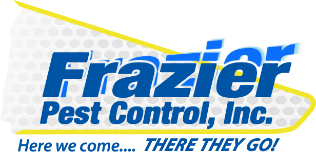 A blue and yellow logo for frazier pest control inc.