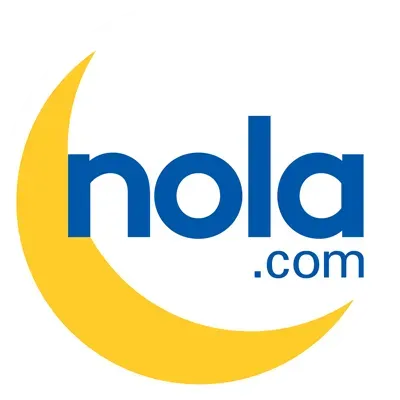 A blue and yellow logo for nola.com