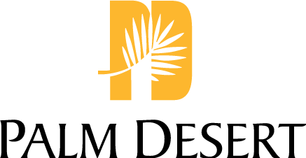 The palm desert logo is yellow and white with a palm leaf in the middle.