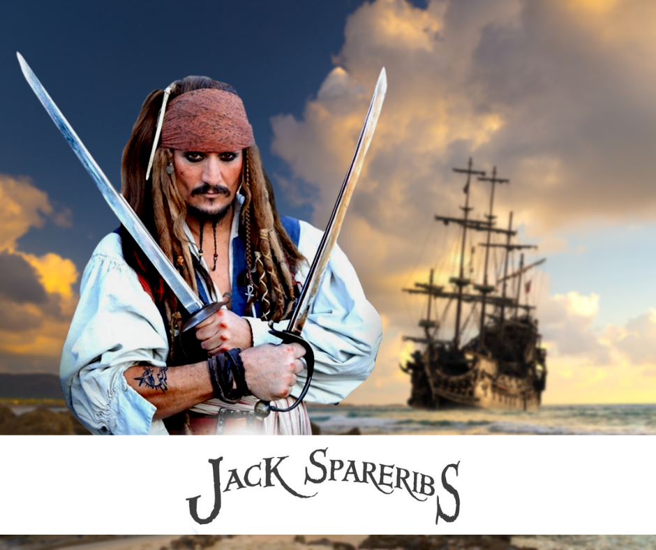 Jack sparrow is holding two swords in front of a ship