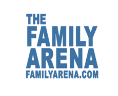 A blue logo for the family arena familyarena.com
