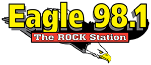 The logo for eagle 98.1 the rock station with an eagle on it.