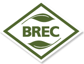 The brec logo is a green diamond with two leaves on it.