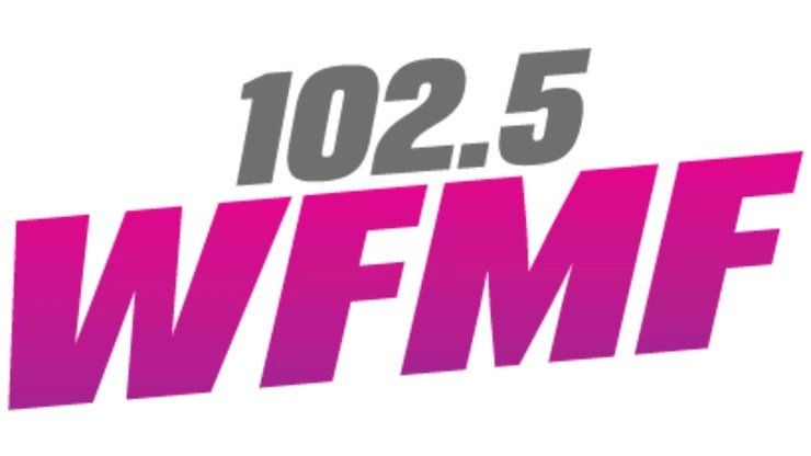 A pink and gray logo for 102.5 wfmf
