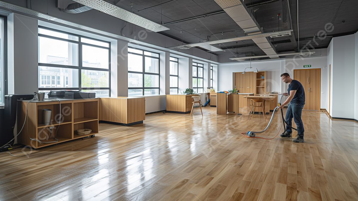 Man vacuums a shiny, wooden floor in a large, empty room with windows and light-colored cabinets.