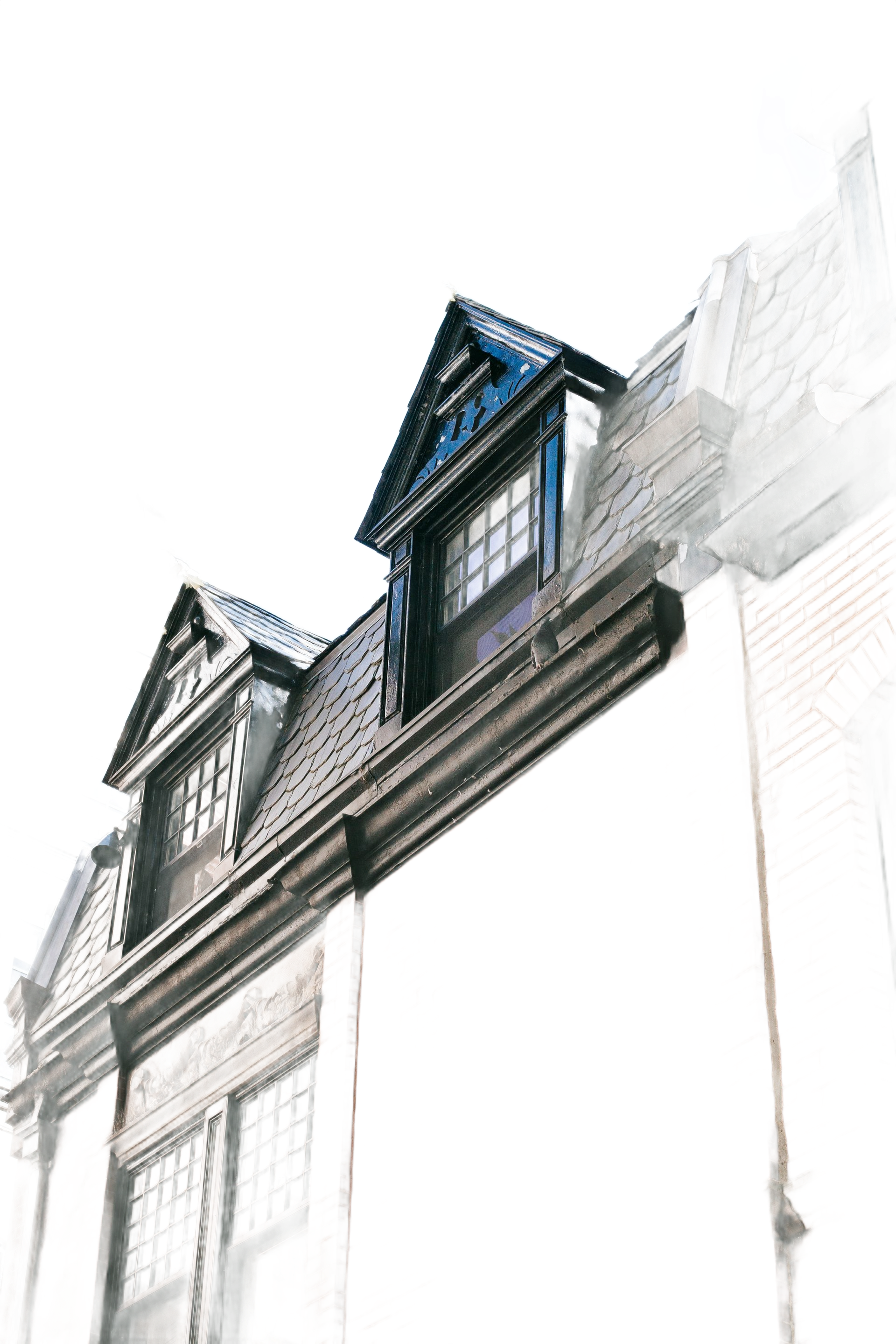 Triangular dormers on a building with a blue and black roof, set against a white sky.