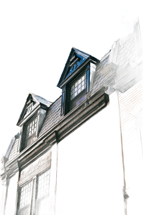 Triangular dormers on a building with a blue and black roof, set against a white sky.