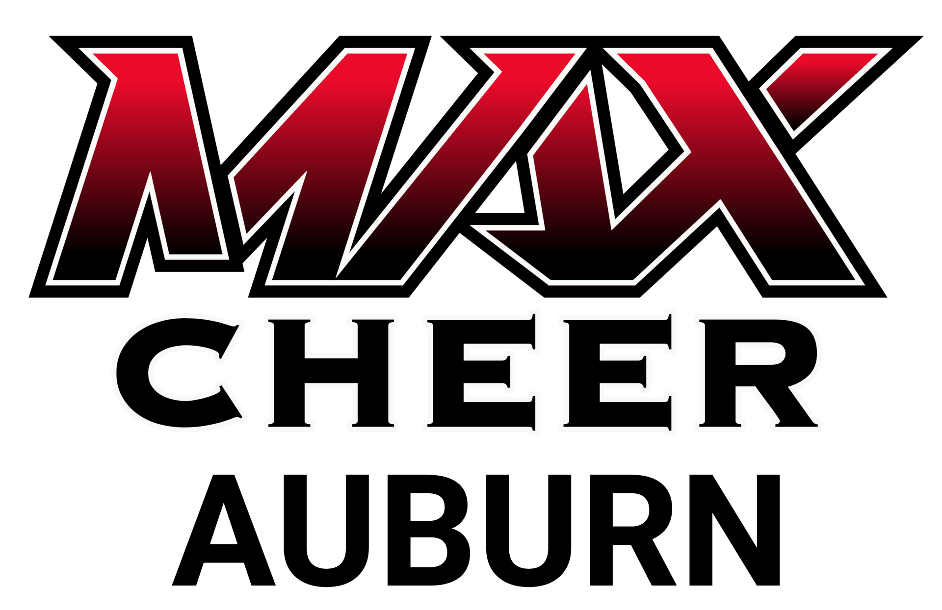 MAX Cheer Auburn logo in red, black, and white text