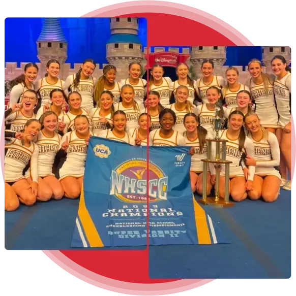 Cheerleading team celebrating as national champions with a trophy and blue banner in front of a castle backdrop.