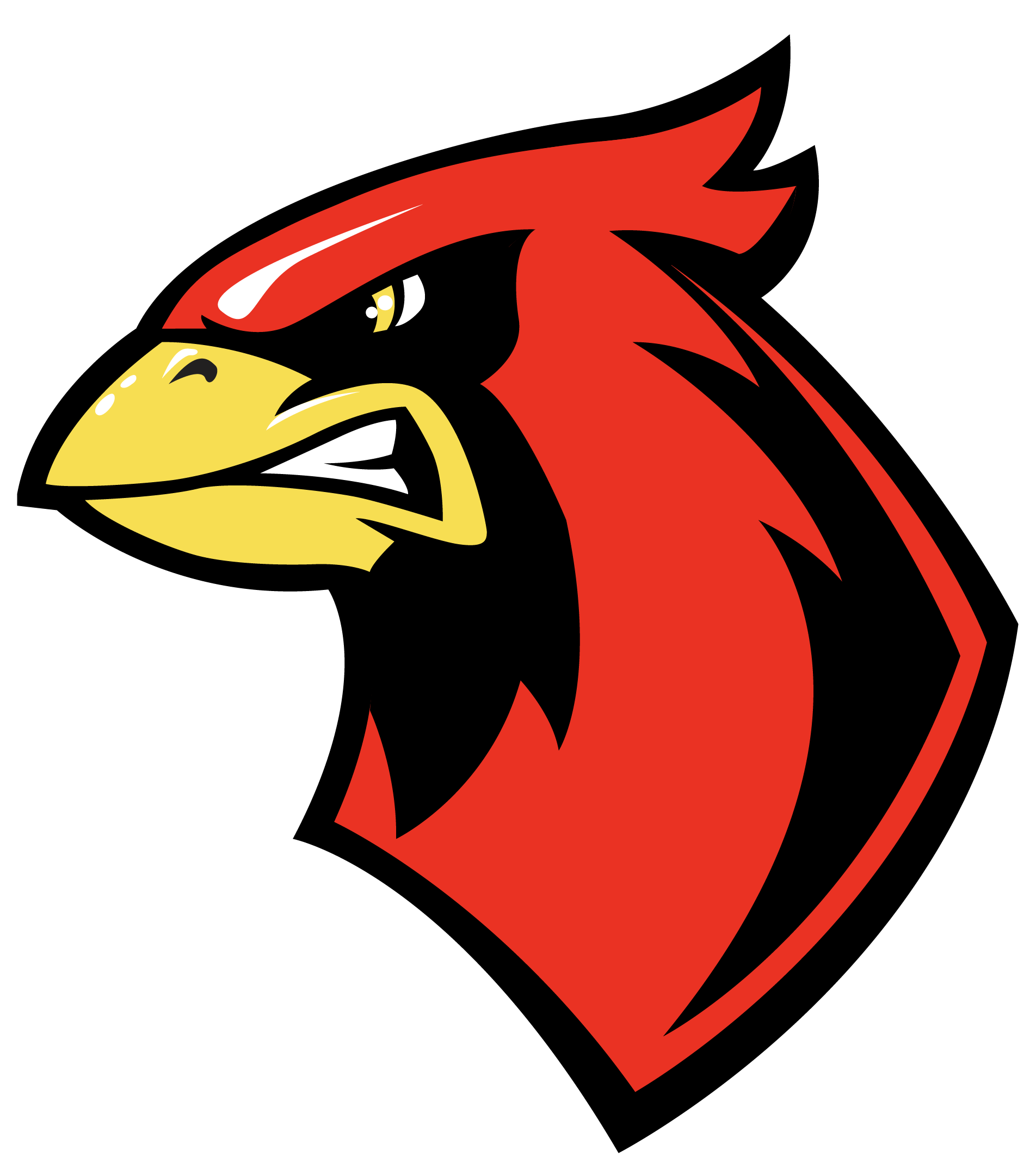 A stylized, aggressive red cardinal bird head mascot logo with a yellow beak and black eye mask, facing left.