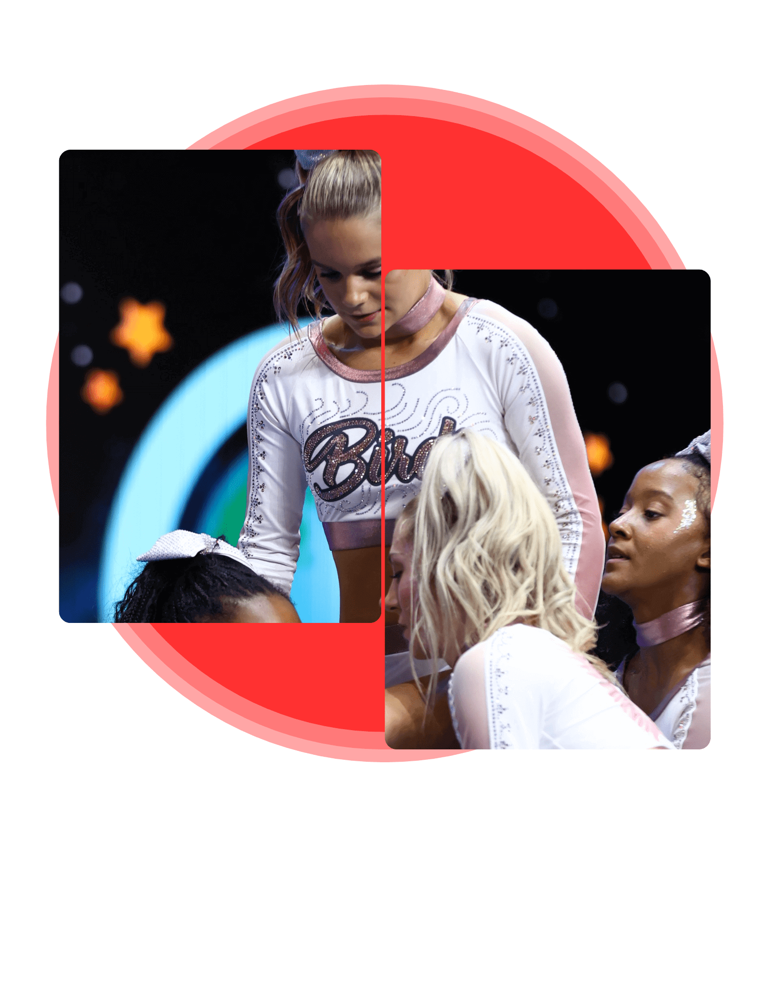 Cheerleaders in white uniforms with glittery accents performing on a stage with a large, glowing circular backdrop.