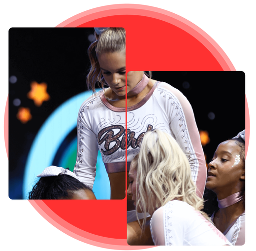 Three performers onstage, one in a white top with red circular graphic backdrop