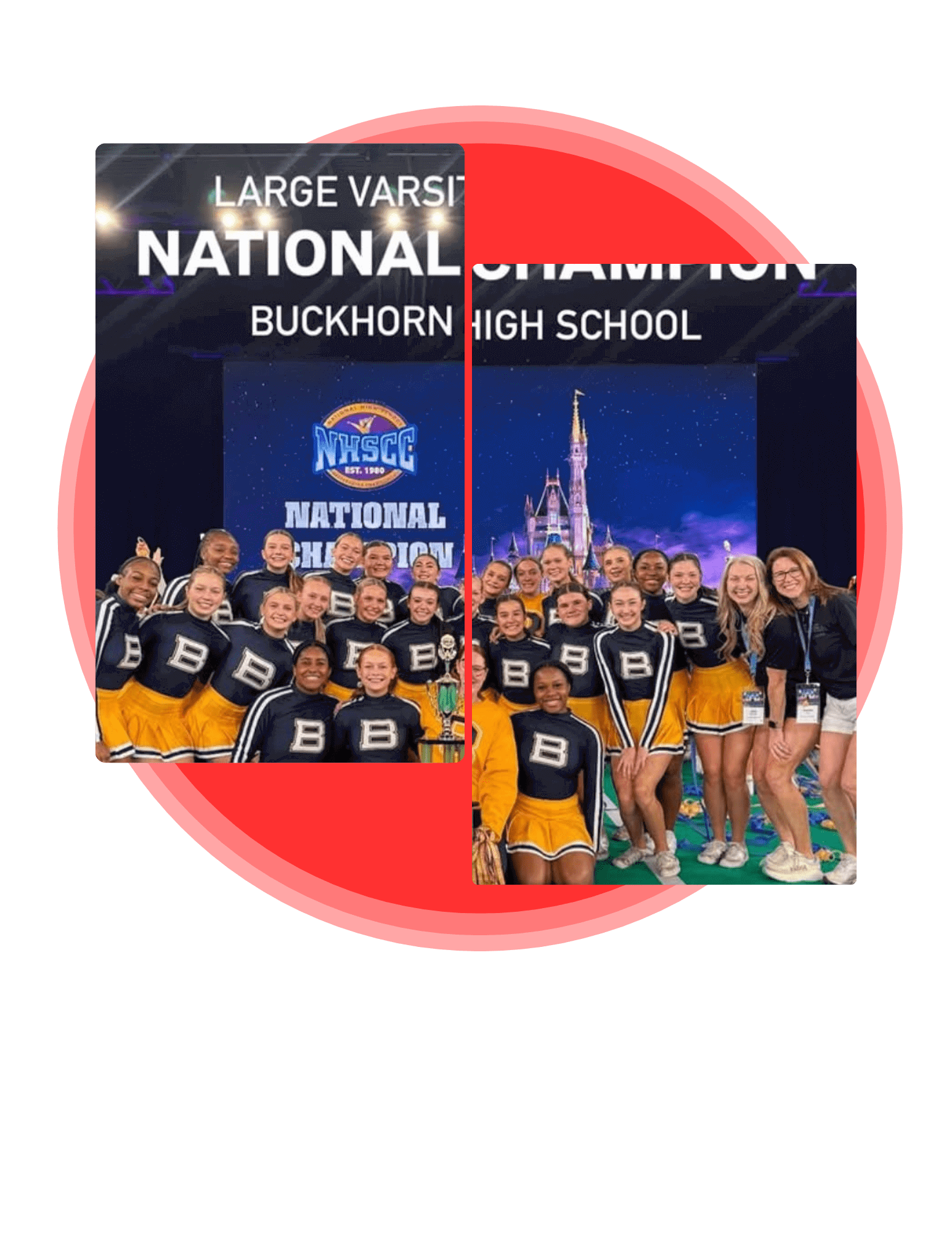 Buckhorn High School cheerleaders posing on stage in navy and gold uniforms after winning a national championship.