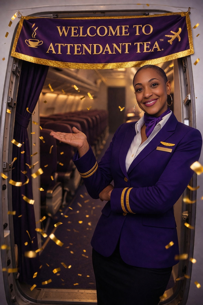 A flight attendant in a purple uniform stands in an airplane doorway, gesturing to a cabin under gold confetti.
